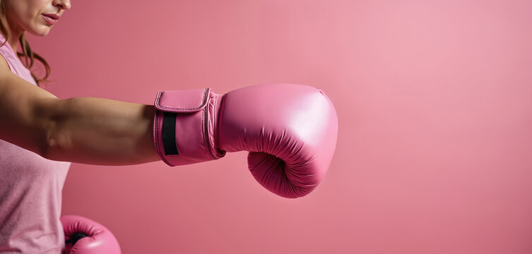 Woman wears pink boxing glove, throws punch against pink backdrop. Symbolizes strength in fighting breast cancer, health awareness, and female empowerment. - Powered by Adobe