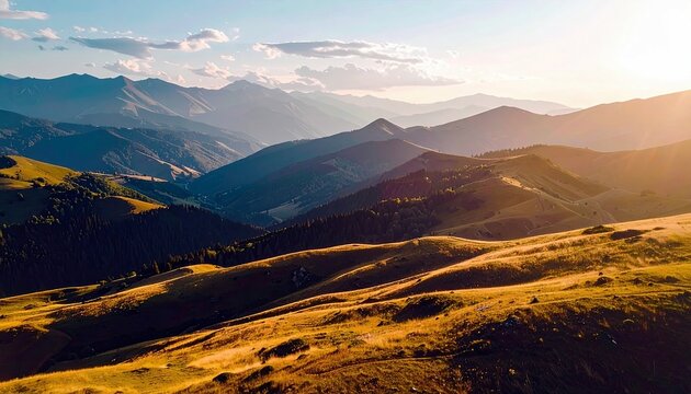 A vast landscape of rolling hills and mountain ranges bathed in the warm, golden light of the setting sun. - Powered by Adobe