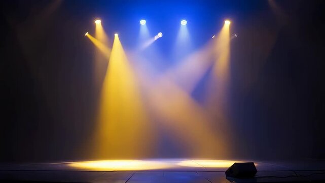 Empty Stage With Yellow And Blue Spotlights Illuminated By Stage Lighting Equipment Creating Dramatic Atmosphere In A Dark Concert Hall