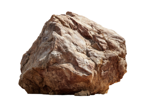 A close-up of a large, weathered, reddish-brown rock against a completely black background