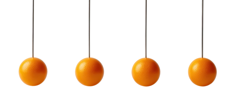 Close-up of a Newton's cradle, four spheres suspended on a dark background, isolated objects