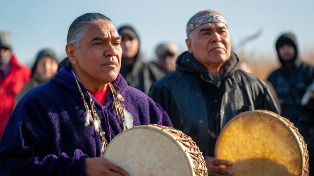 Two native american men playing drums in a field. the man on the left is wearing a purple robe and has long gray hair. he is holding a large drum in his hands and appears to be deep in thought.