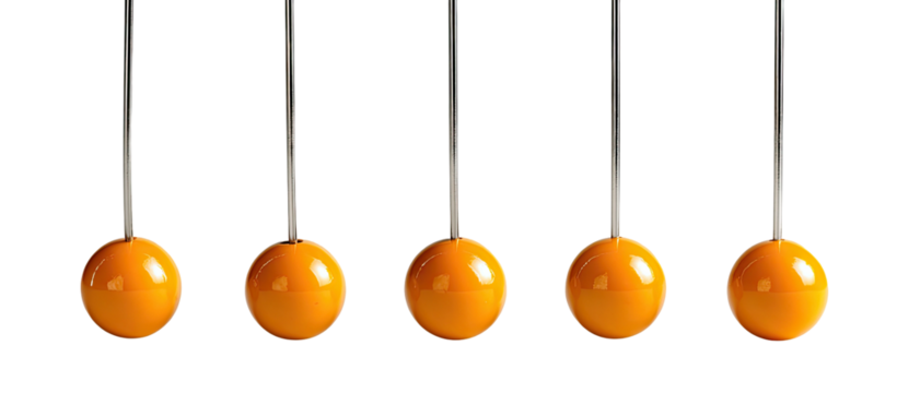 Five identical orange spheres suspended in a row, touching, resting on long, thin silver rods against black background