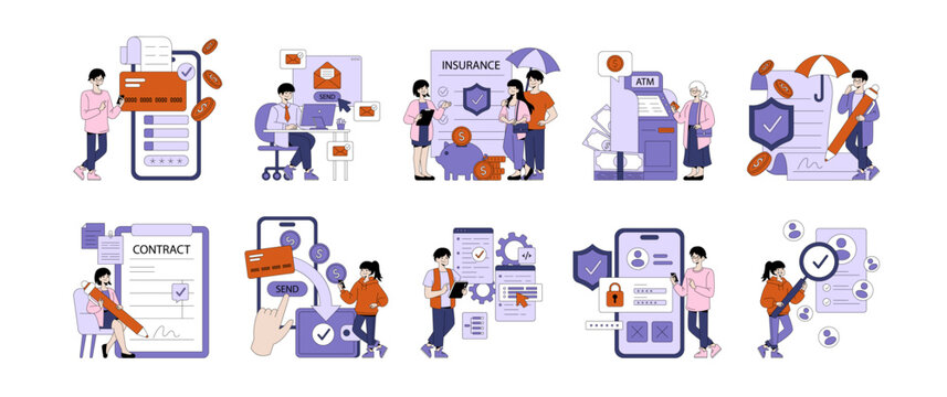 Financial and Insurance Vector Illustrations with Actions