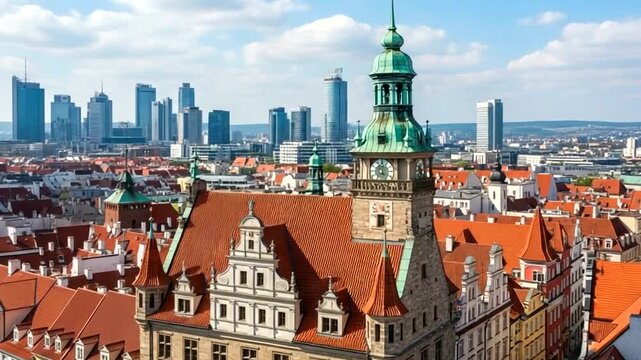 Aerial view of the old town hall and modern skyscrapers in the background, wroclaw, poland