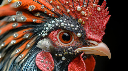 Elegant rooster zodiac fashion featuring feather-inspired patterns and detailed embroidery close-up white background 