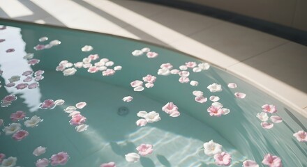 Bathtub filled with fresh water and floating flower petals.