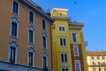 Historic residential buildings along via Piermarini in Milan, Italy