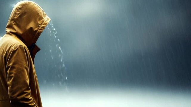 Person in a yellow raincoat standing in heavy rain, hood up, looking down