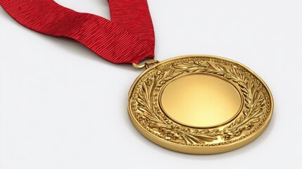 Golden medal with red ribbon representing victory and achievement in sports or academics perfect for awards ceremonies and recognition programs