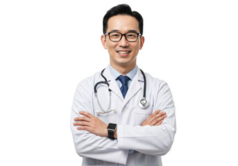 Asian doctor wearing glasses and stethoscope isolated on transparent background