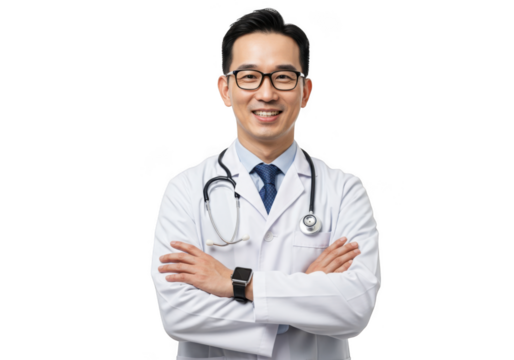 Asian doctor wearing glasses and stethoscope isolated on transparent background - Powered by Adobe
