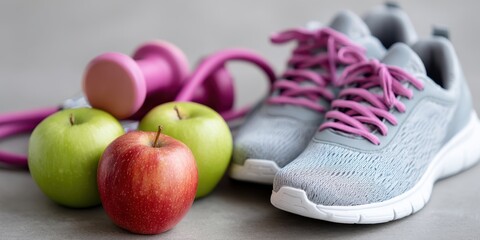 Gray Athletic Shoes With Pink Laces And Dumbbell With Jump Rope And Apples On Gray Surface
