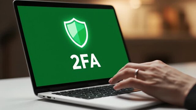 Hand Typing on Laptop with Green Shield and 2FA on Screen Symbolizing Security Authentication and Protection Against Cyber Threats In A Blurred Background