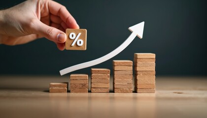 Hand adds percentage symbol block to rising bar graph. Arrow points upward showing financial growth. Wood blocks stack higher indicating profit.