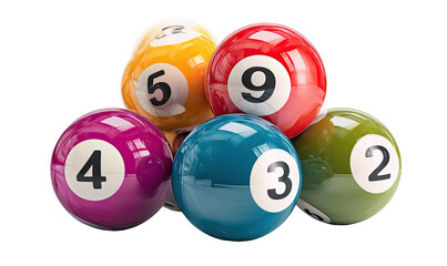 Five brightly colored billiard balls with white numbers arranged in a close-up shot