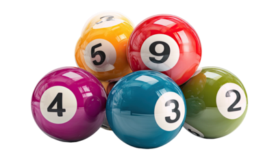 Five brightly colored billiard balls with white numbers arranged in a close-up shot
