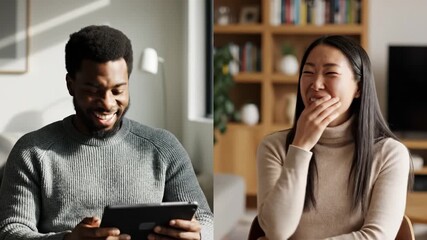 A split-screen of a diverse man and woman laughing heartily on a video call. This joyful scene conveys happiness and connection. Use for themes of remote relationships or online fun. - Powered by Adobe