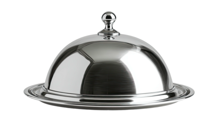 A gleaming, domed silver serving dish with a knob on top, presented against a black backdrop