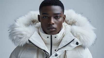 Dog zodiac themed outerwear with utility pockets and protective fur-lined hood soft bright white backdrop 