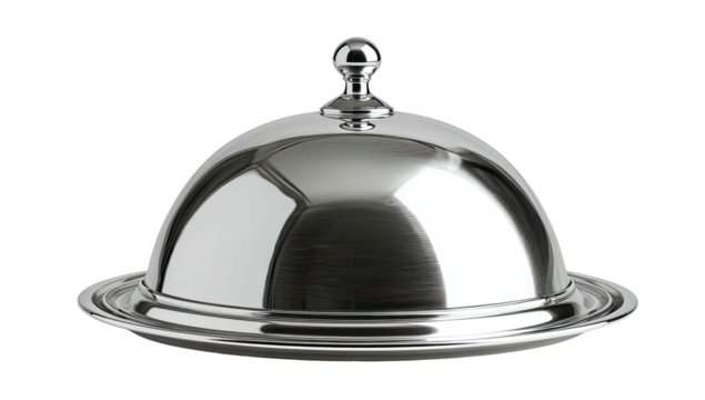 A gleaming, domed silver serving dish with a knob on top, presented against a black backdrop