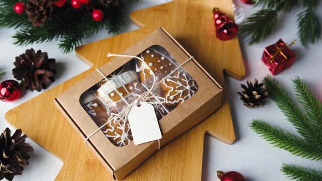 Gift box of decorative gingerbread cookies with frosting, surrounded by festive pine needles and baubles