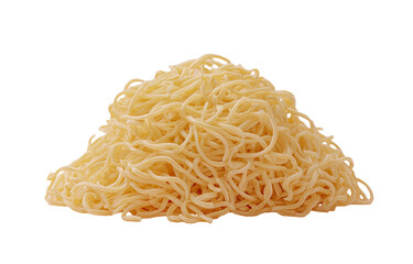A pile of cooked, golden-yellow spaghetti, artfully arranged against a stark black background