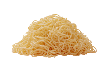 A pile of cooked, golden-yellow spaghetti, artfully arranged against a stark black background