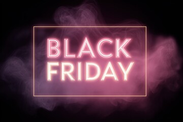 Neon text Black Friday against black background with smoke plumes and light leaks