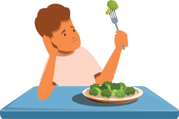 Bored child looking at broccoli on fork, refusing to eat healthy vegetables, having bad table manners