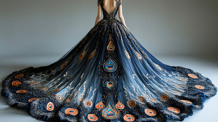 Contemporary Thai evening gown with peacock feather motifs and traditional hemline silhouette clear white background 