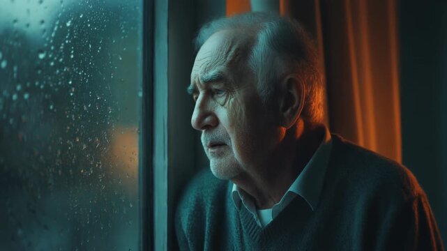 Pensive senior man gazes through a rain-streaked window at night, a portrait of solitude and contemplation