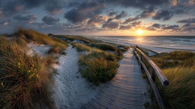 Idyllic Beach at Sunset with Wooden Path and Coastal Grass Dunes Offering Serene Coastal Scenery and Tranquil Atmosphere