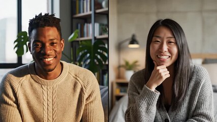 Split screen view of a diverse man and woman on a video call. This represents remote work, online dating, or virtual communication. Ideal for business or lifestyle concepts. - Powered by Adobe