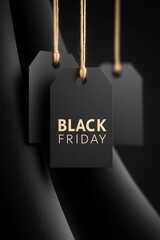 Black Friday tags hanging against deep black velvet background