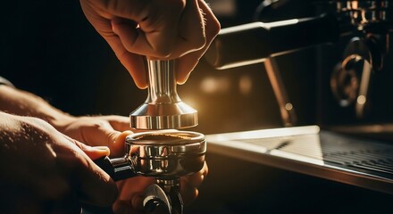 Barista tamping espresso with precision, warm rim light on metal tamper and high-detail grounds, cinematic window daylight and matte black machine bokeh for modern specialty-coffee branding