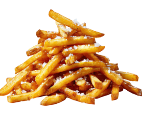 Crispy, golden-brown fried potatoes stacked high, lightly seasoned with salt