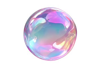 A floating, translucent sphere reflecting light with iridescent colors, against a pure black backdrop