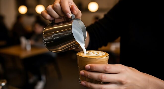 Barista creating intricate latte art on Spanish latte, glossy microfoam under cinematic cross-light, natural caf&eacute; ambience in blur, premium specialty-coffee photography for modern branding