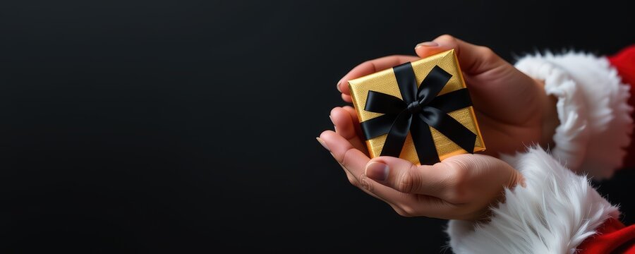 Celebration of giving santa's hands holding a gift box wrapped with ribbon cheerful festivity indoor close-up view