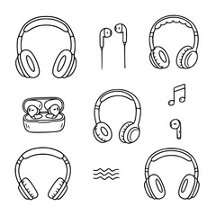 headphones, wired earbuds, wireless earbuds, foldable headphones element hand drawn doodles vector design