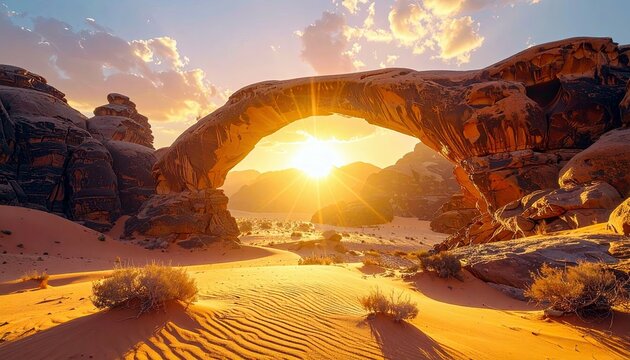 A majestic natural rock arch frames a vibrant sunset over a desert landscape, casting long shadows across rippled sand dunes and highlighting sparse desert flor - Powered by Adobe