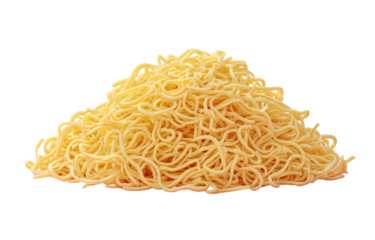 A close-up of a pile of yellow noodles, arranged on a transparent background