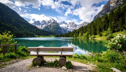 Scenic alpine lake with wooden bench