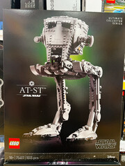 Obraz premium AT ST LEGO Star Wars Ultimate Collector Series model kit on display for collectors and fans