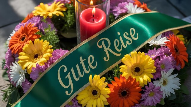 Floral wreath with candle and gute reise ribbon