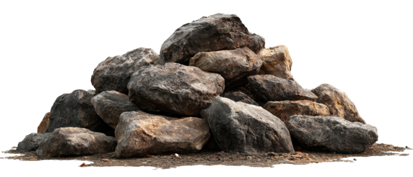 A pile of various sized stones, with varied colors and textures. The shadows create depth and contrast