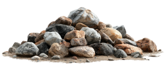 Pile of various sized and colored rocks isolated against a black background.  Textures and details
