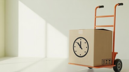Moving box with clock symbol on a hand truck