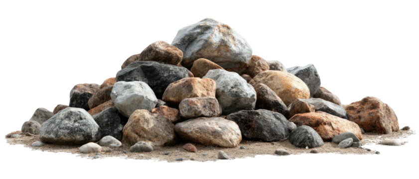 Pile of various sized and colored rocks isolated against a black background.  Textures and details